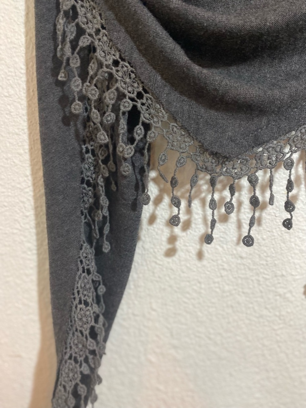 Stormcloud Grey Knit Triangle Scarf with Flower Lace Fringe - Picture 4 of 7